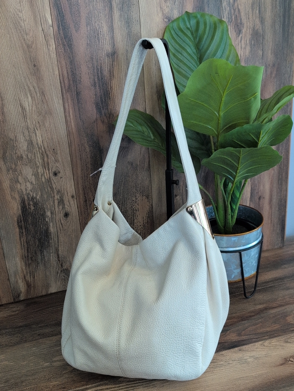 Vince Camuto Pebbled Leather Large Shoulder Hobo Bag with Gold Accents  M413